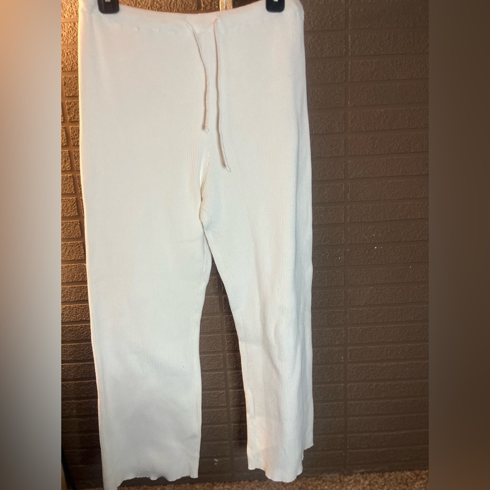 Cream Ribbed Knit Lounge Pants with Drawstring Waist